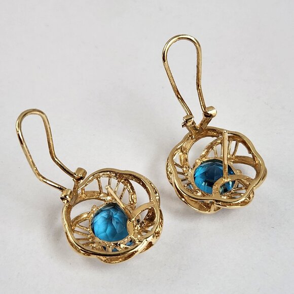 True VTG 14K Solid Gold Natural Blue Topaz Round w/ Cut Omega Clasps / Stud - Picture 7 of 10